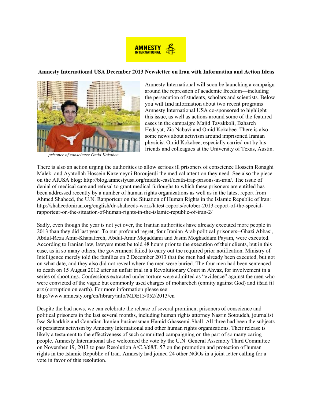 Amnesty International USA December 2013 Newsletter on Iran with Information and Action Ideas