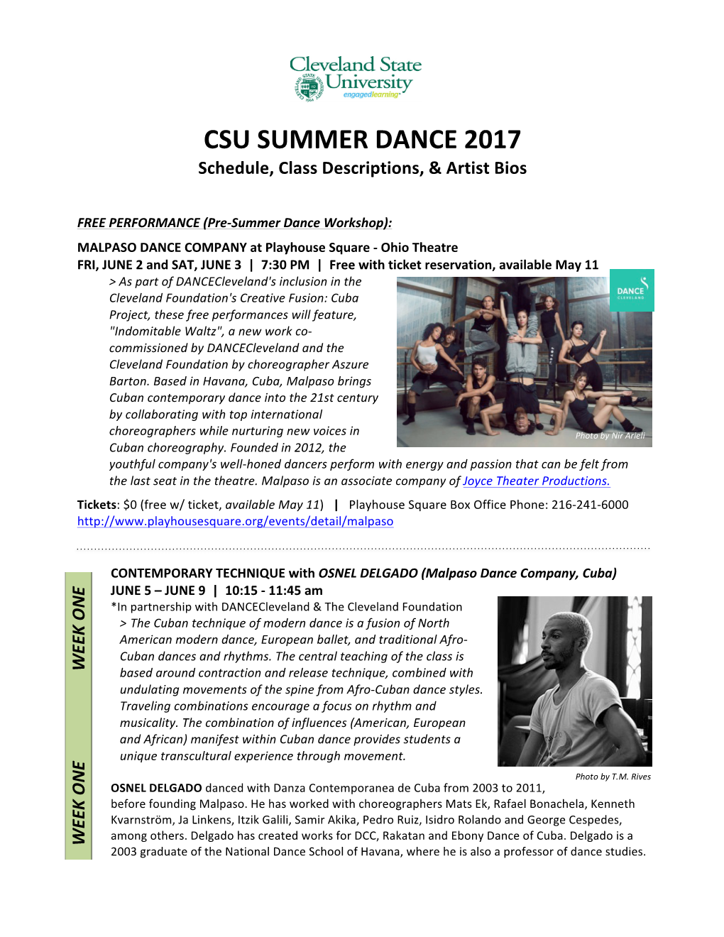 SUMMER DANCE 2017 Schedule, Class Descriptions, & Artist Bios