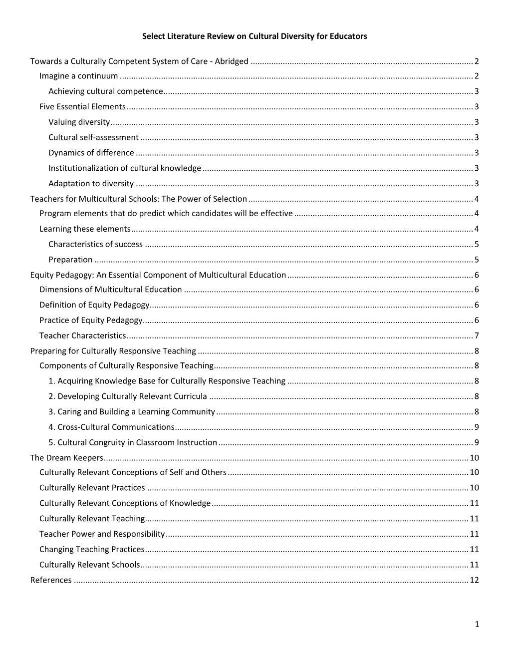 1 Select Literature Review on Cultural Diversity for Educators Towards A