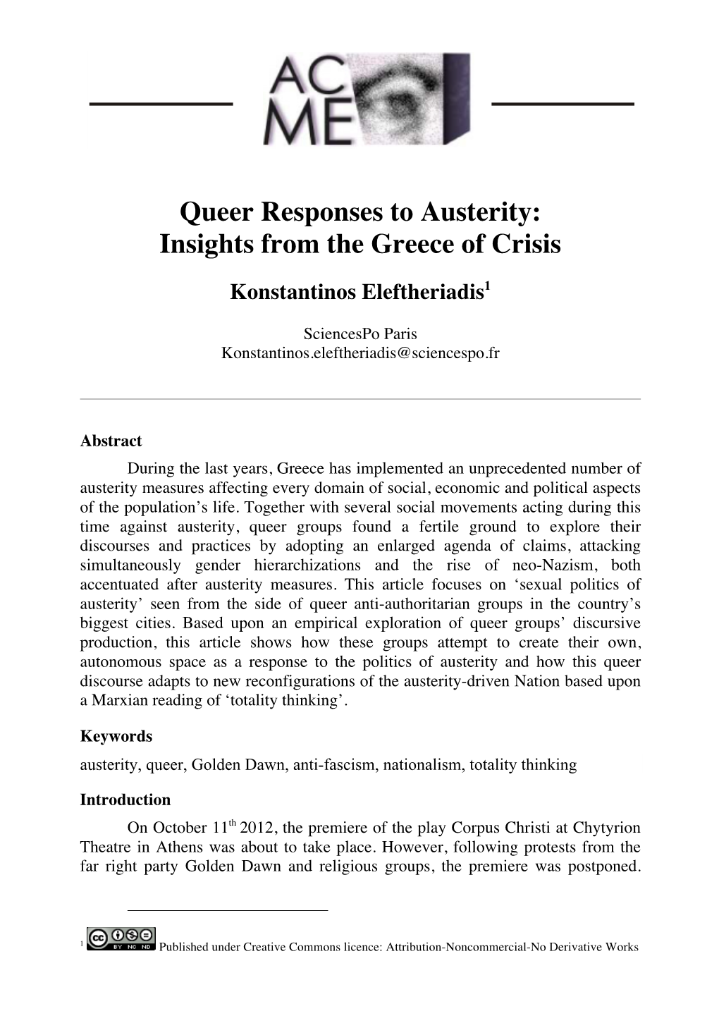 Queer Responses to Austerity: Insights from the Greece of Crisis