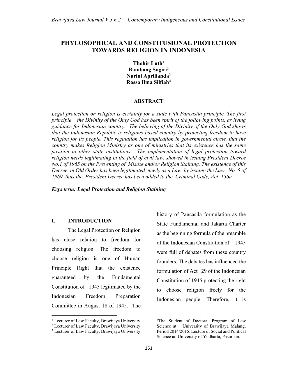 Phylosophical and Constitusional Protection Towards Religion in Indonesia