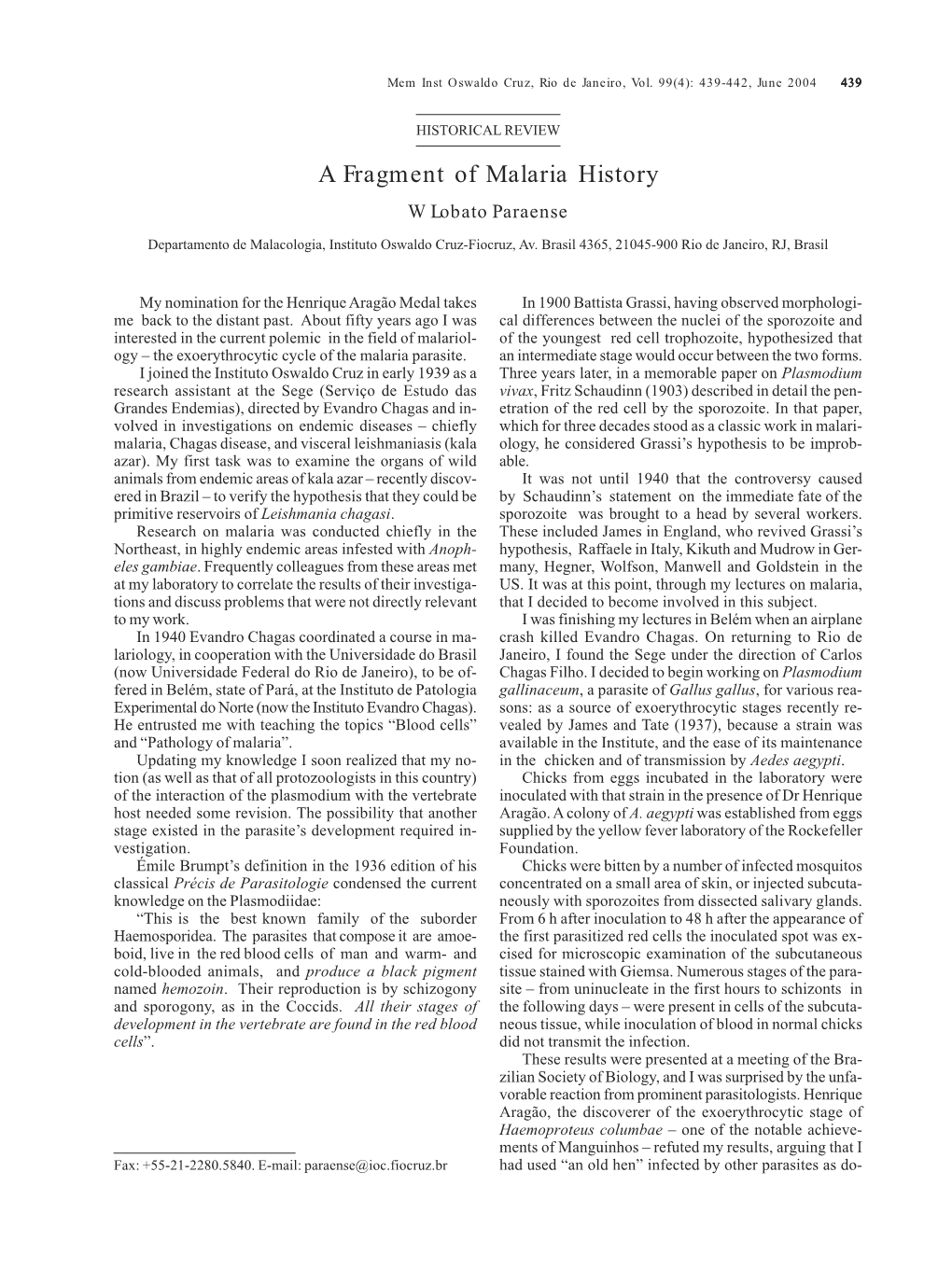 A Fragment of Malaria History W Lobato Paraense