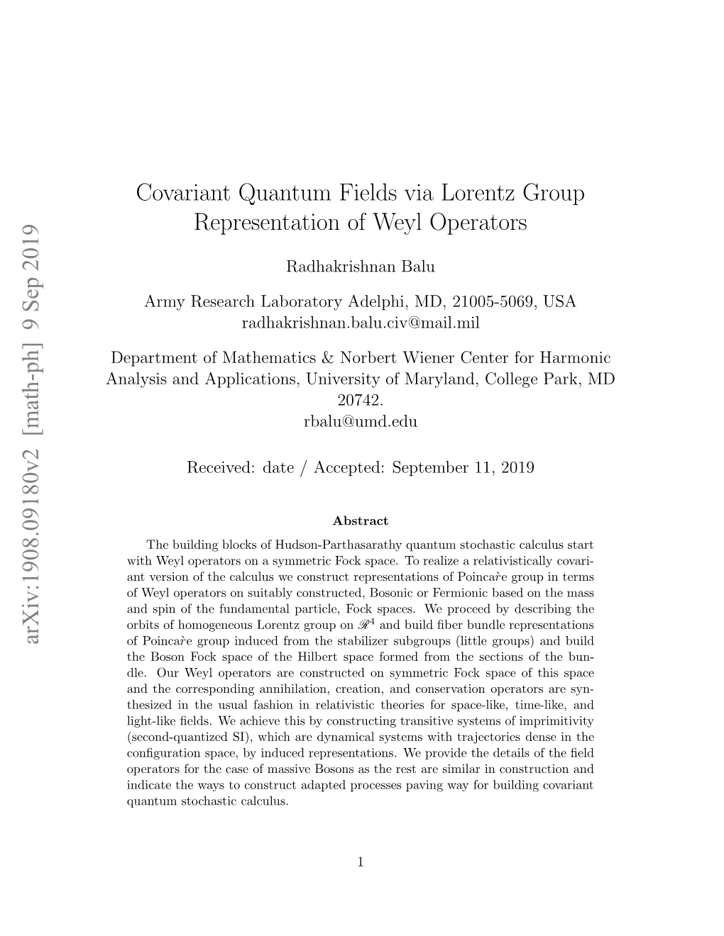 Covariant Quantum Fields Via Lorentz Group Representation of Weyl