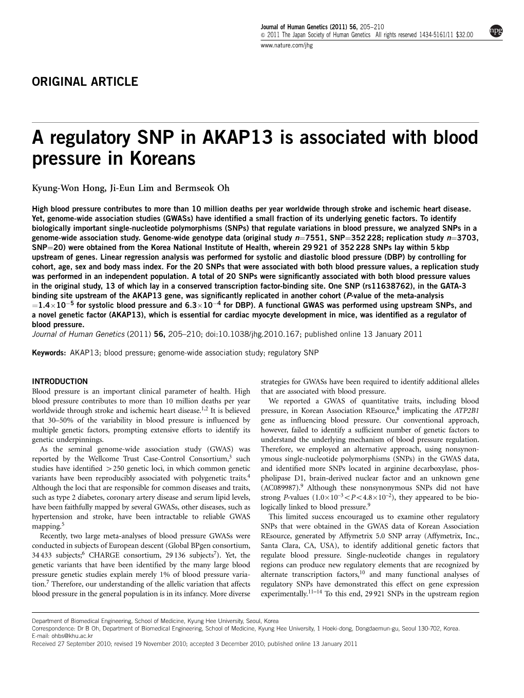 A Regulatory SNP in AKAP13 Is Associated with Blood Pressure in Koreans