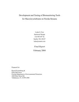 Development and Testing of Biomonitoring Tools for Macroinvertebrates in Florida Streams