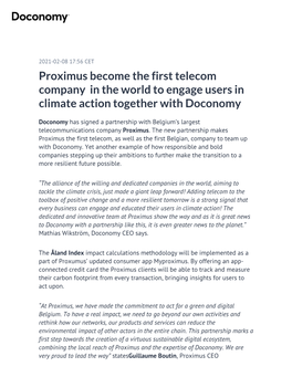 Proximus Become the First Telecom Company in the World to Engage Users in Climate Action Together with Doconomy