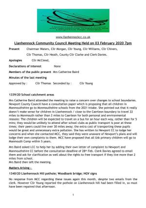 Llanhennock Community Council Meeting Held on 03 February 2020