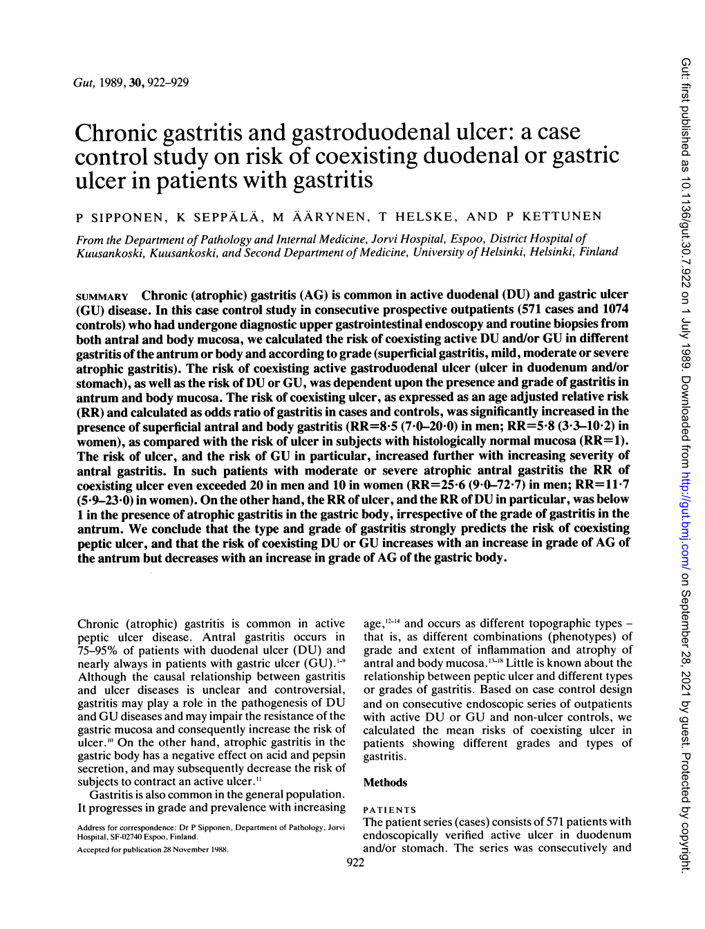 Chronic Gastritis and Gastroduodenal Ulcer: a Case Control Study on Risk of Coexisting Duodenal Or Gastric Ulcer in Patients with Gastritis