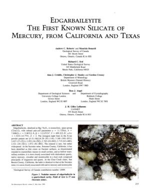 Edgarbaileyite the First Known Silicate of Mercury, from California and Texas