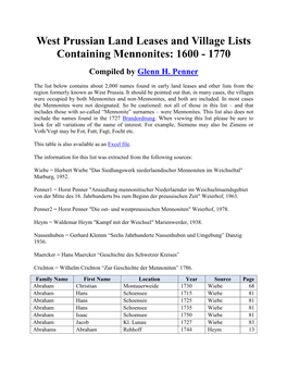 West Prussian Land Leases and Village Lists Containing Mennonites: 1600 - 1770 Compiled by Glenn H