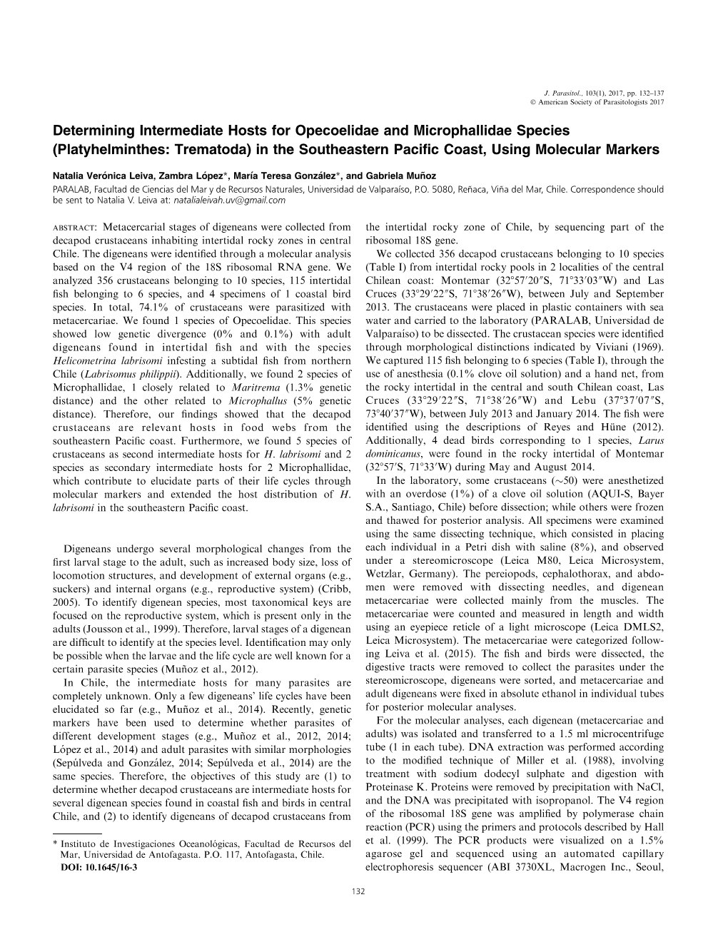 Determining Intermediate Hosts for Opecoelidae and Microphallidae Species (Platyhelminthes: Trematoda) in the Southeastern Pacific Coast, Using Molecular Markers