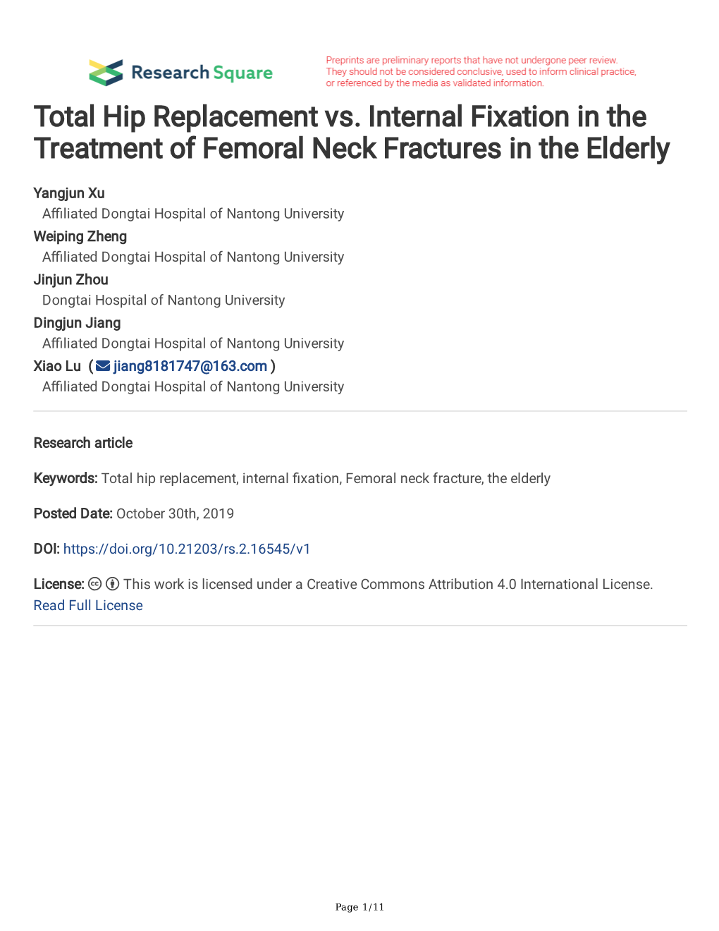 Total Hip Replacement Vs. Internal Fixation in the Treatment of Femoral Neck Fractures in the Elderly