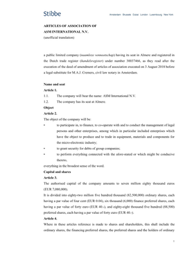 ARTICLES of ASSOCIATION of ASM INTERNATIONAL N.V. (Unofficial Translation)