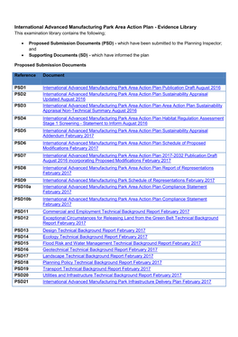 International Advanced Manufacturing Park Area Action Plan - Evidence Library This Examination Library Contains the Following;