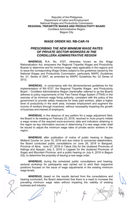 Wage Order No. Rb-Car-19 Prescribing the New Minimum Wage Rates of Private Sector Workers in the Cordillera Administrative