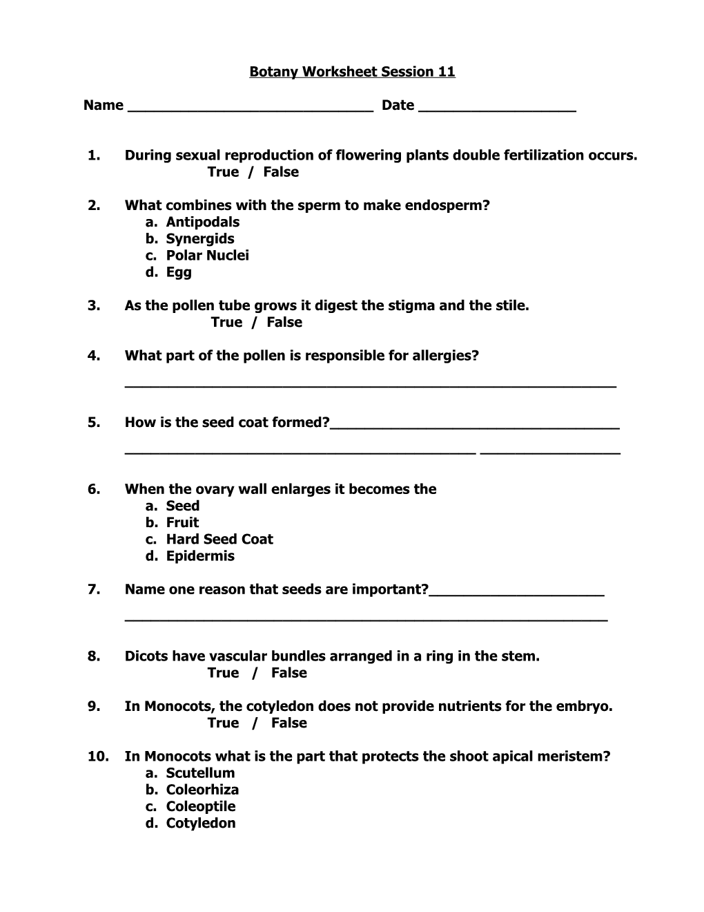 Botany Worksheet Session 11