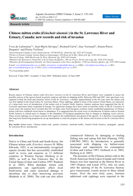 Chinese Mitten Crabs (Eriocheir Sinensis ) in the St. Lawrence River and Estuary, Canada: New Records and Risk of Invasion