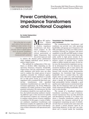 Power Combiners, Impedance Transformers and Directional Couplers