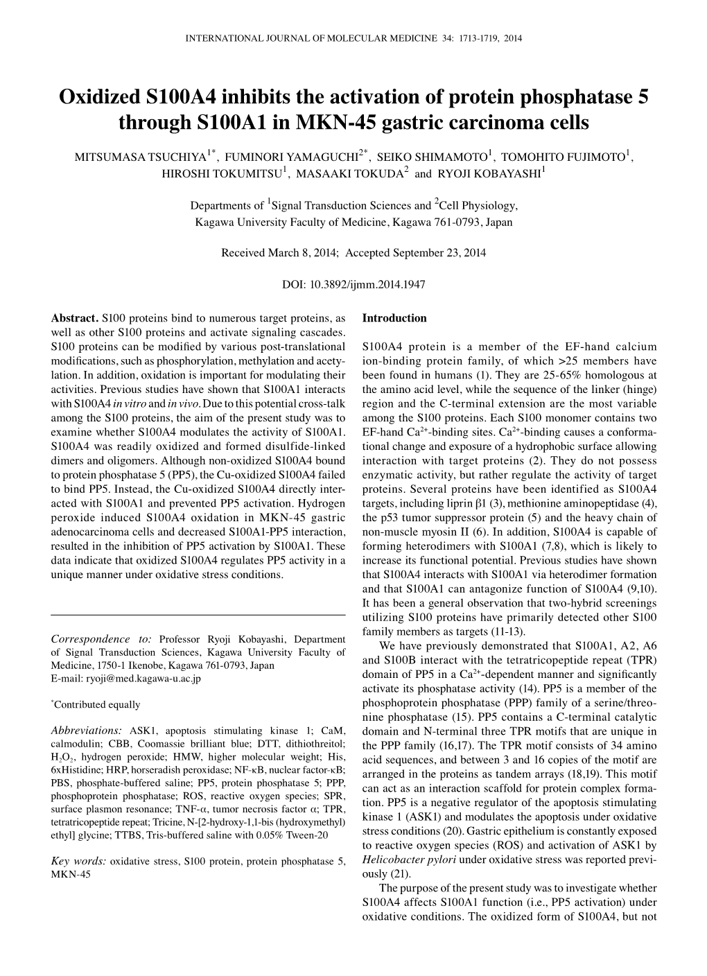 Oxidized S100A4 Inhibits the Activation of Protein Phosphatase 5 Through S100A1 in MKN‑45 Gastric Carcinoma Cells