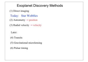 Exoplanet Discovery Methods (1) Direct Imaging Today: Star Wobbles (2) Astrometry → Position (3) Radial Velocity → Velocity