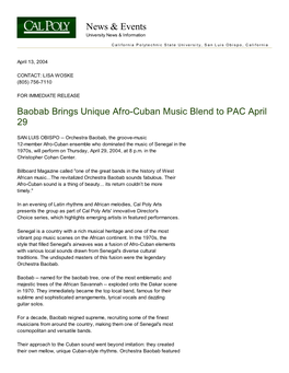 Baobab Brings Unique Afro-Cuban Music Blend to PAC April 29