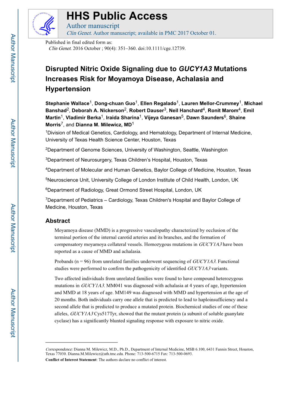 Disrupted Nitric Oxide Signaling Due to GUCY1A3 Mutations Increases Risk for Moyamoya Disease, Achalasia and Hypertension