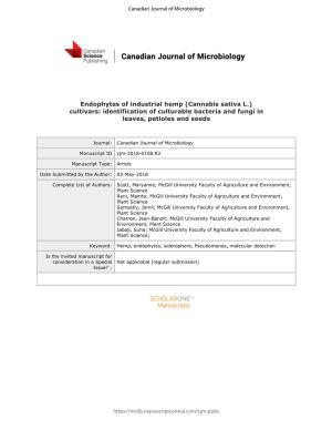 Endophytes of Industrial Hemp (Cannabis Sativa L.) Cultivars: Identification of Culturable Bacteria and Fungi in Leaves, Petioles and Seeds