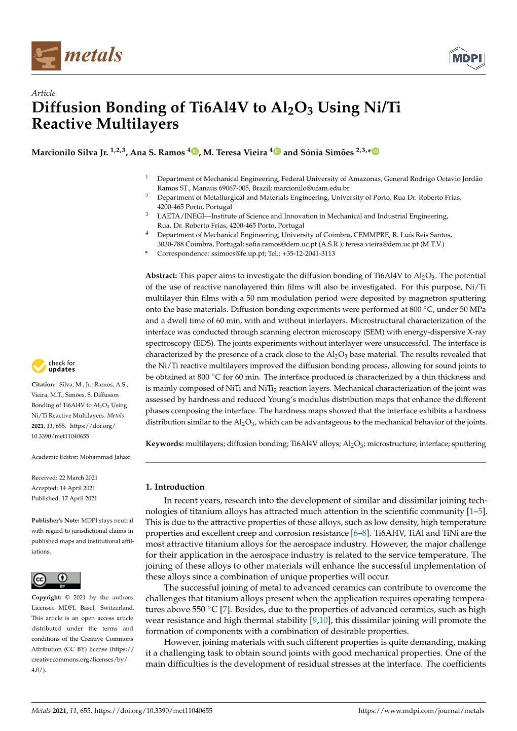 Diffusion Bonding of Ti6al4v to Al2o3 Using Ni/Ti Reactive Multilayers