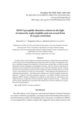 DSM-5 Paraphilic Disorders Criteria in the Light of Autoerotic Asphyxiophilia and Non-Sexual Form of Oxygen Restriction