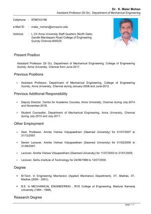 Dr. K. Malar Mohan Assistant Professor (Sl Gr), Department of Mechanical Engineering