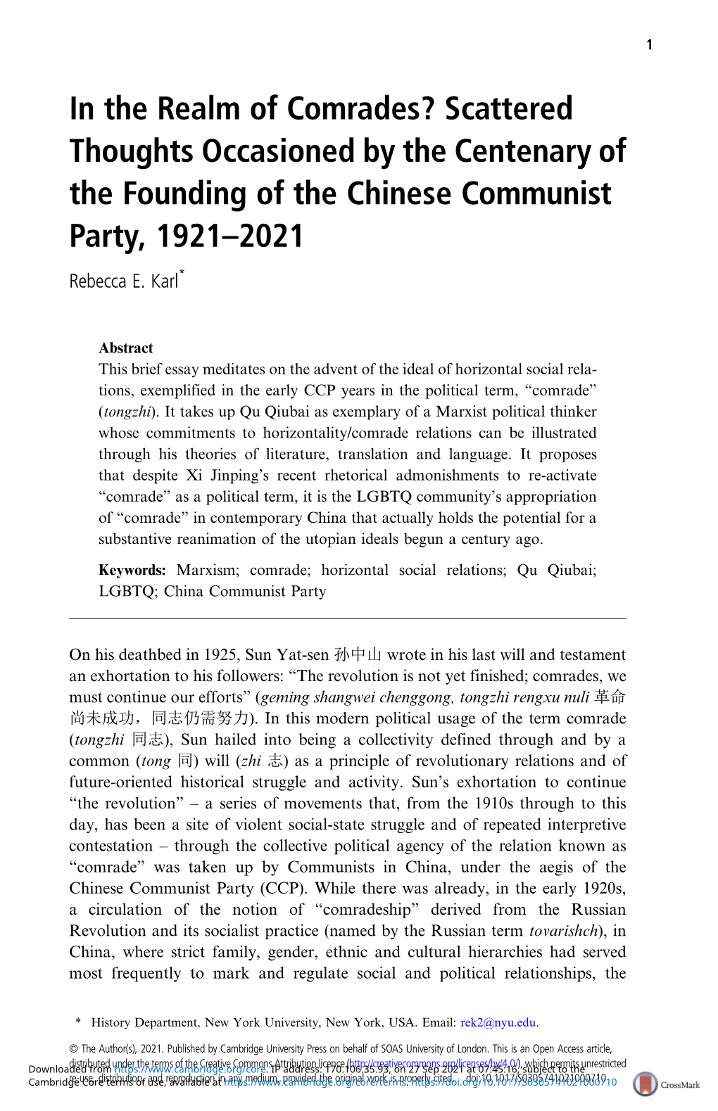 In the Realm of Comrades? Scattered Thoughts Occasioned by the Centenary of the Founding of the Chinese Communist Party, 1921–2021 Rebecca E