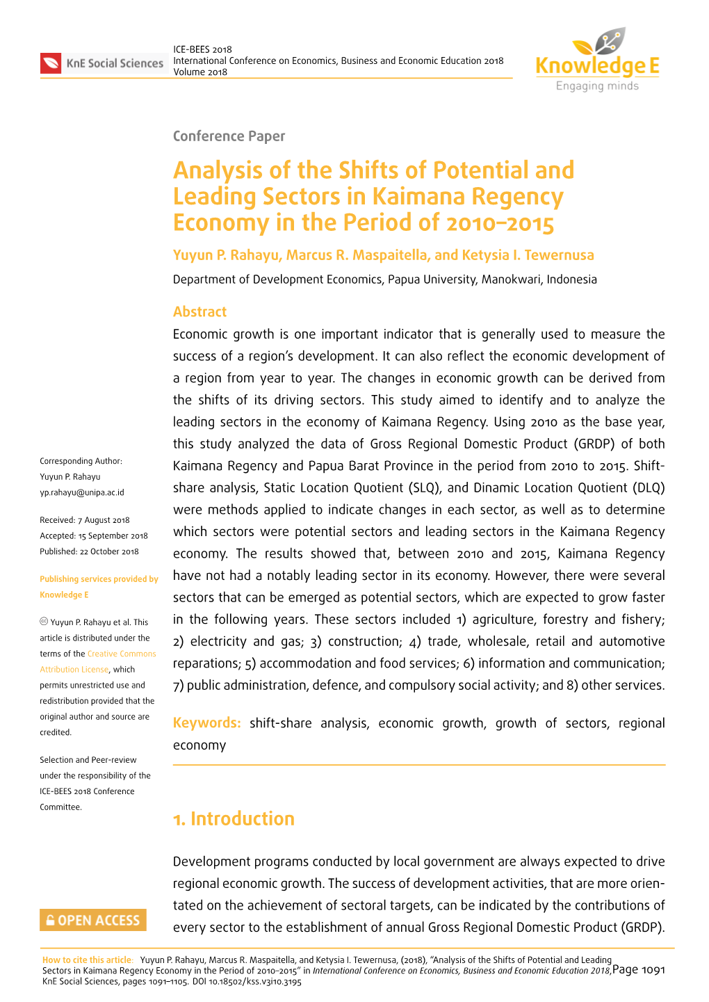 Analysis of the Shifts of Potential and Leading Sectors in Kaimana Regency Economy in the Period of 2010–2015 Yuyun P