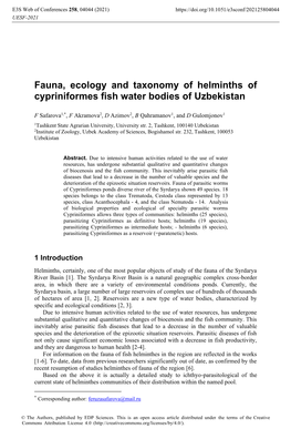 Fauna, Ecology and Taxonomy of Helminths of Cypriniformes Fish Water Bodies of Uzbekistan