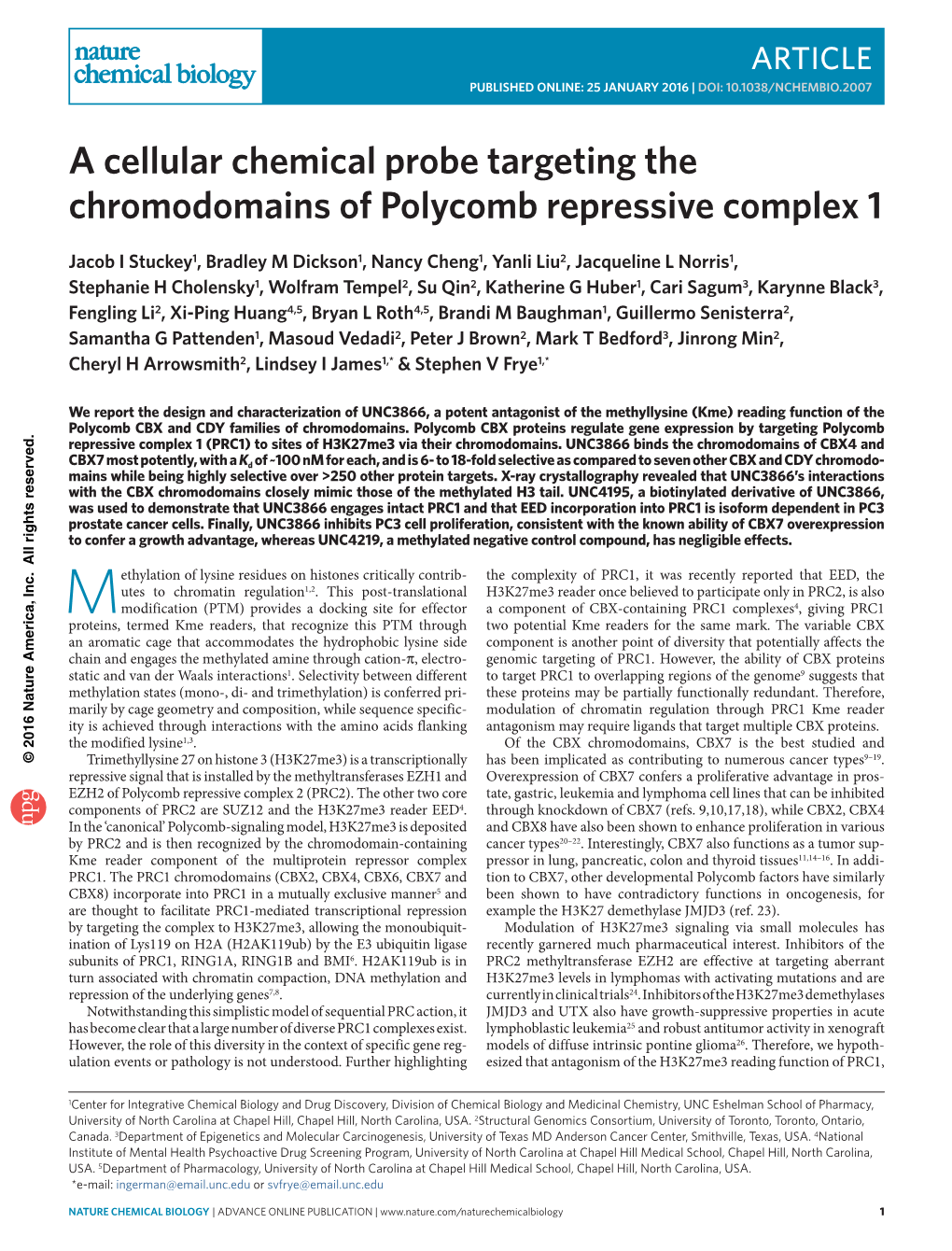 A Cellular Chemical Probe Targeting the Chromodomains of Polycomb