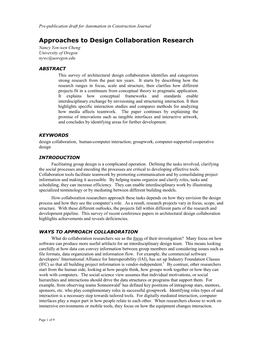 Approaches to Design Collaboration Research Nancy Yen-Wen Cheng University of Oregon Nywc@Uoregon.Edu