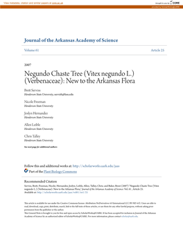 Vitex Negundo L.) (Verbenaceae): New to the Arkansas Flora Brett Es Rviss Henderson State University, Servisb@Hsu.Edu