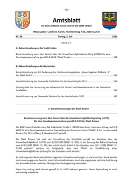 Amtsblatt Für Den Landkreis Aurich Und Für Die Stadt Emden