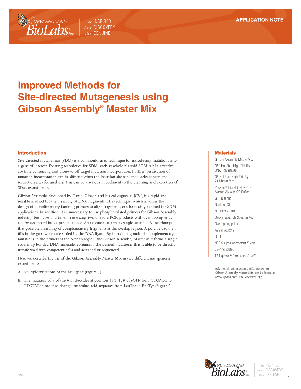 Improved Methods for Site-Directed Mutagenesis Using Gibson Assembly® Master Mix