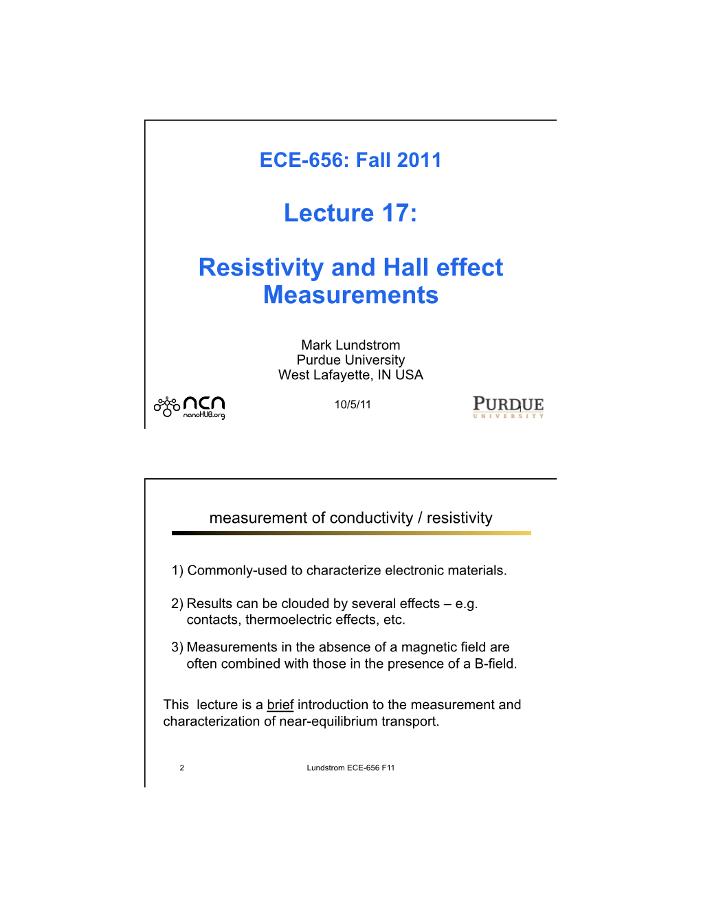 Lecture 17: Resistivity and Hall Effect Measurements