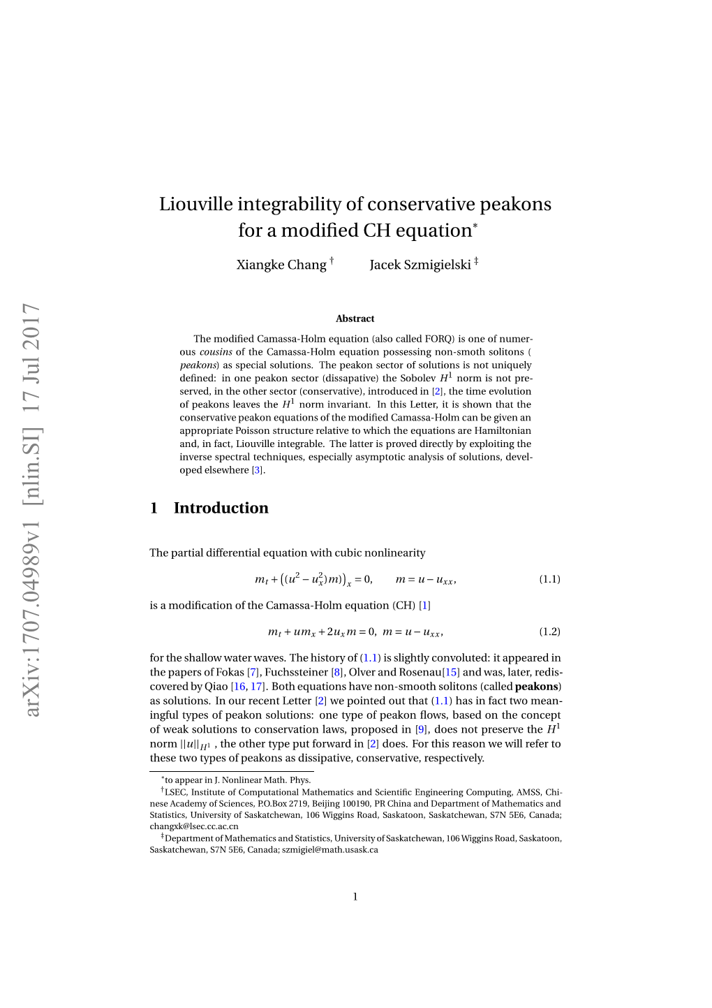 Liouville Integrability of Conservative Peakons for a Modified CH