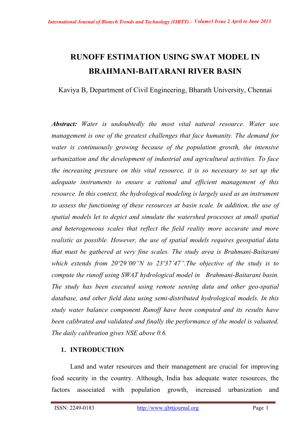 Runoff Estimation Using Swat Model in Brahmani-Baitarani River Basin