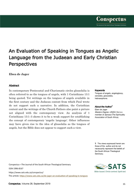 An Evaluation of Speaking in Tongues As Angelic Language from the Judaean and Early Christian Perspectives