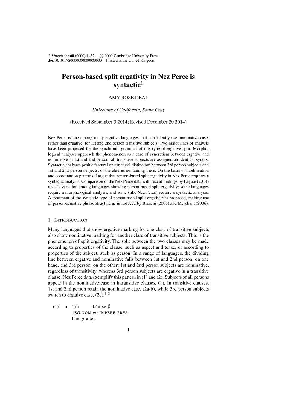 Person-Based Split Ergativity in Nez Perce Is Syntactic1 - DocsLib