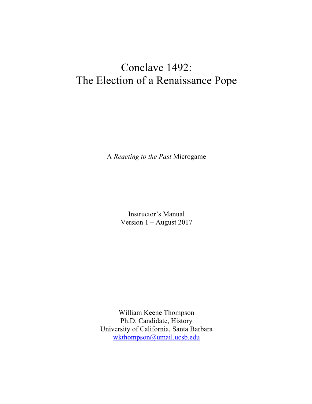 Conclave 1492: the Election of a Renaissance Pope