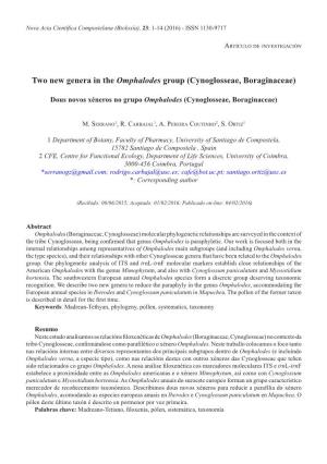 Two New Genera in the Omphalodes Group (Cynoglosseae, Boraginaceae)