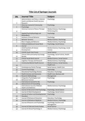 Title List of Springer Journals SN. Journal Title Subject