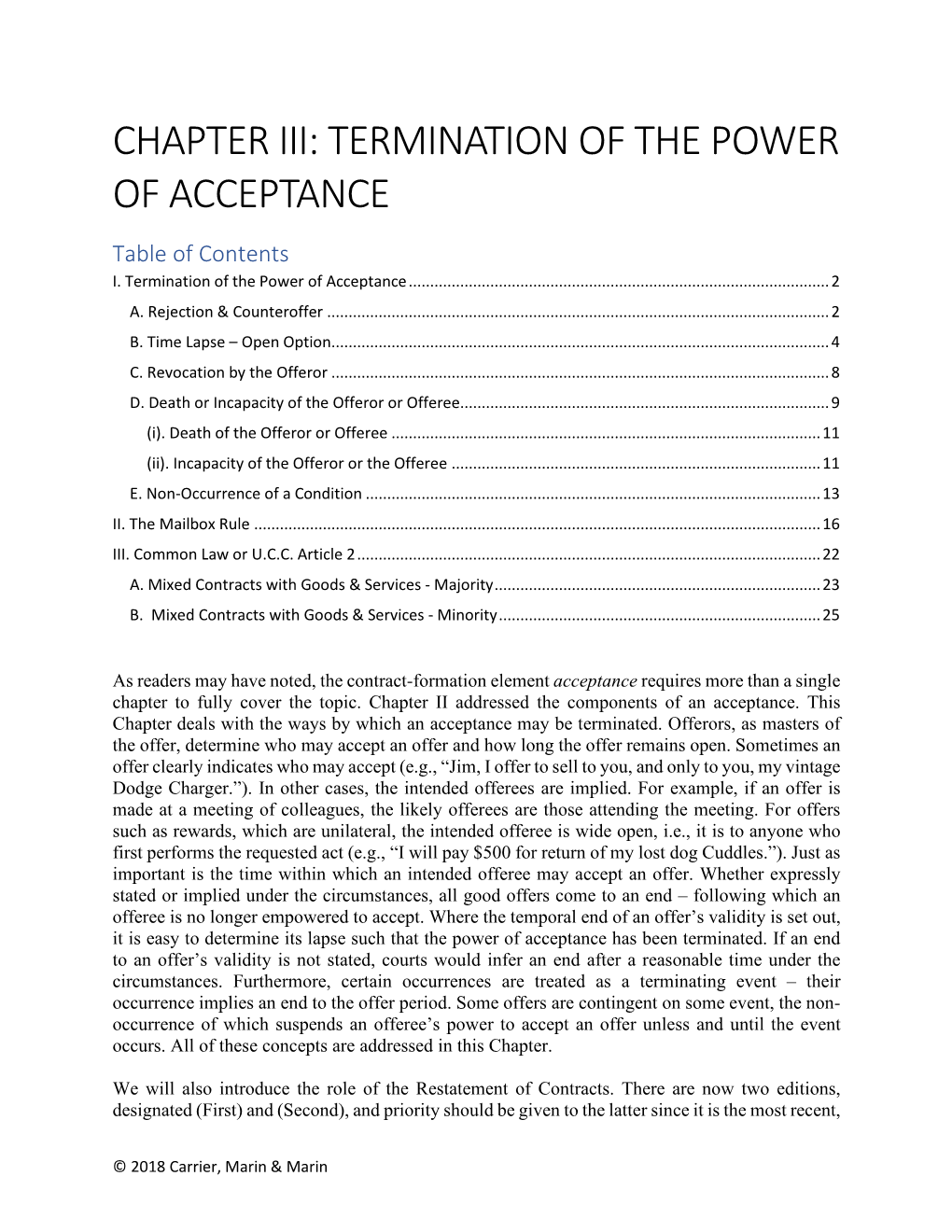 CHAPTER III: TERMINATION of the POWER of ACCEPTANCE Table of Contents I