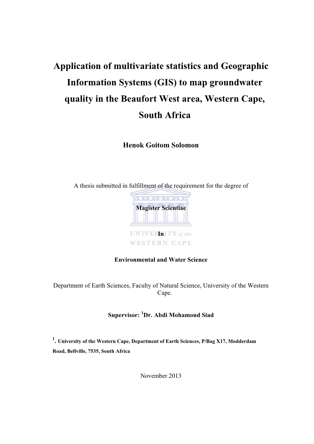 (GIS) to Map Groundwater Quality in the Beaufort West Area, Western Cape, South Africa