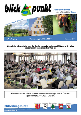 Mitteilungsblatt Der Gemeinde Friesenheim Mit Den Ortsteilen: 2 Blick Punkt Donnerstag, 05
