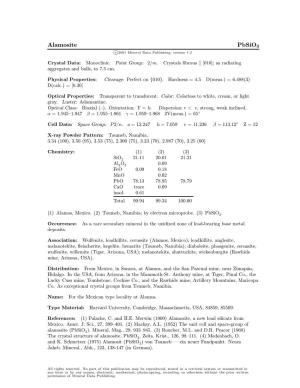 Alamosite Pbsio3 C 2001 Mineral Data Publishing, Version 1.2 ° Crystal Data: Monoclinic